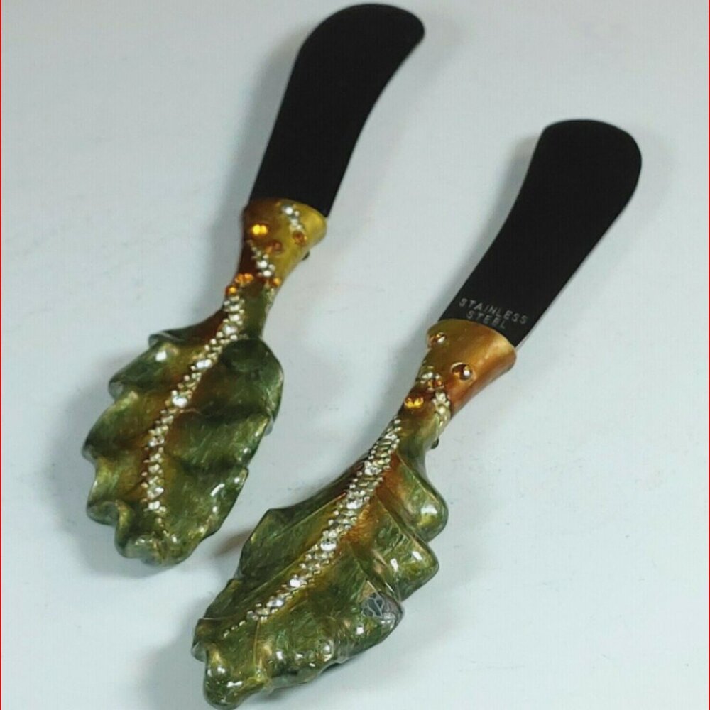 Two Pate or Cheese Knife and Spreader Enamel Leaf Handle w Rhinestones Stainless